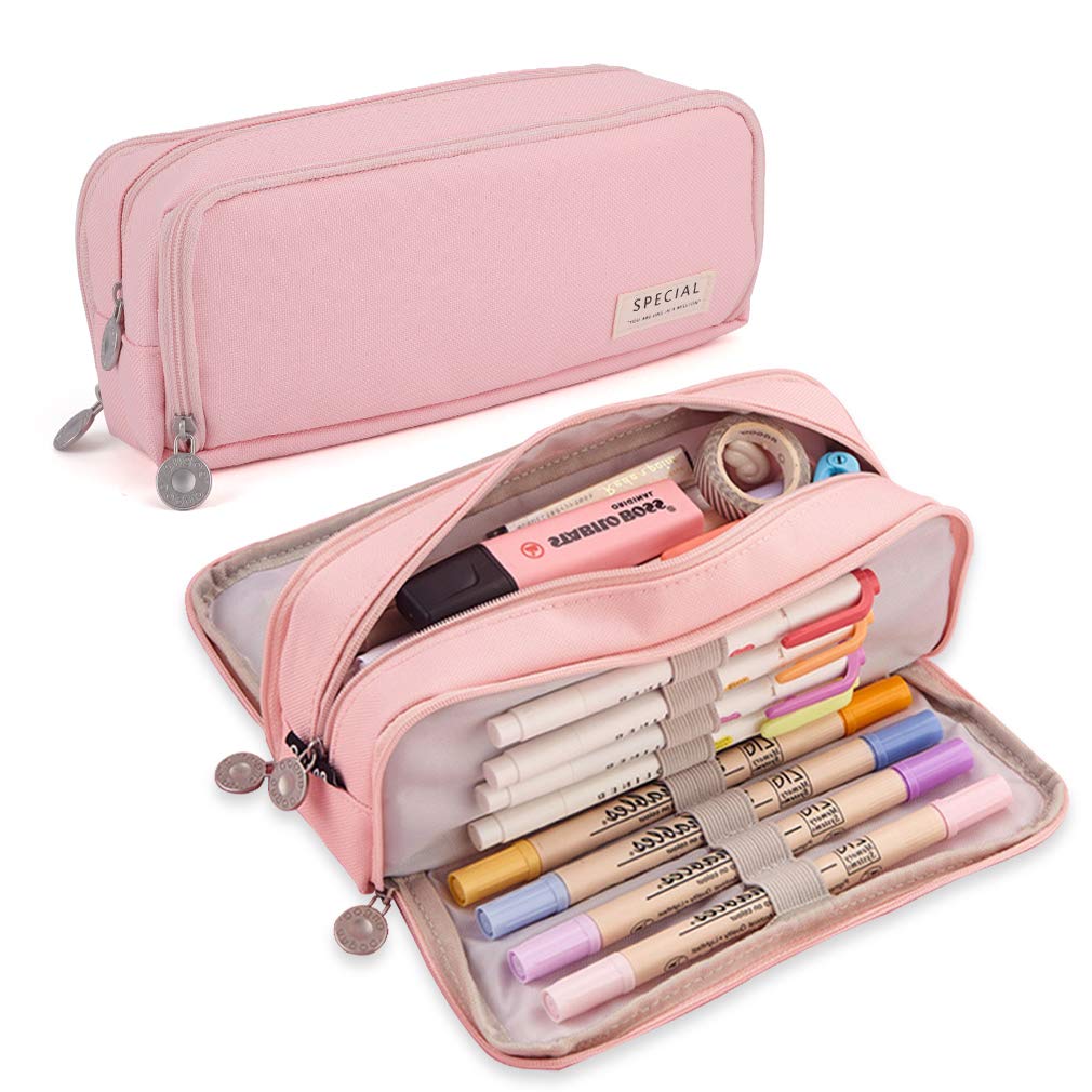 Climberty Large Capacity Pencil Case, 3 Compartment Pouch Pen Bag with 8 Elastic Pen Sleeves, 3 Zipper Portable Storage Pencil Pouch for School Teen Girl Boy Men Women (Pink) Climberty Large Capacity Pencil Case, 3 Compartment Pouch Pen Bag with 8 Elastic Pen Sleeves, 3 Zipper Portable Storage Pencil Pouch for School Teen Girl Boy Men Women (Pink)